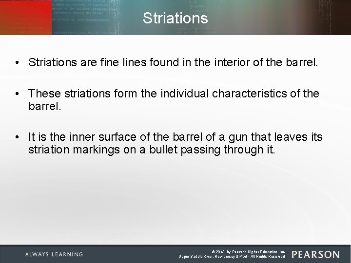 Striations • Striations are fine lines found in the interior of the barrel. •