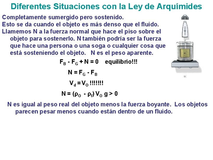 Diferentes Situaciones con la Ley de Arquímides Completamente sumergido pero sostenido. Esto se da Diferentes Situaciones con la Ley de Arquímides Completamente sumergido pero sostenido. Esto se da