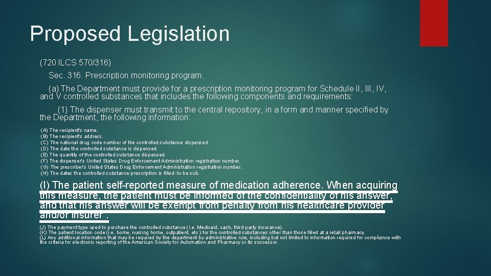Proposed Legislation (720 ILCS 570/316) Sec. 316. Prescription monitoring program. (a) The Department must