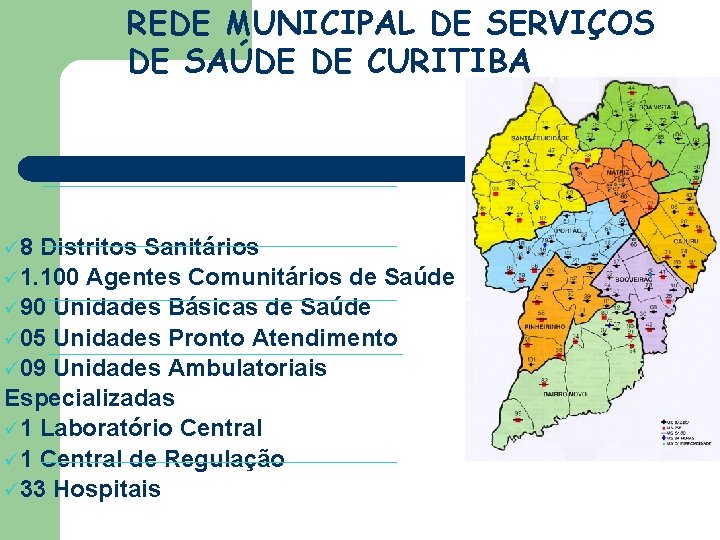 REDE MUNICIPAL DE SERVIÇOS DE SAÚDE DE CURITIBA ü 8 Distritos Sanitários ü 1.