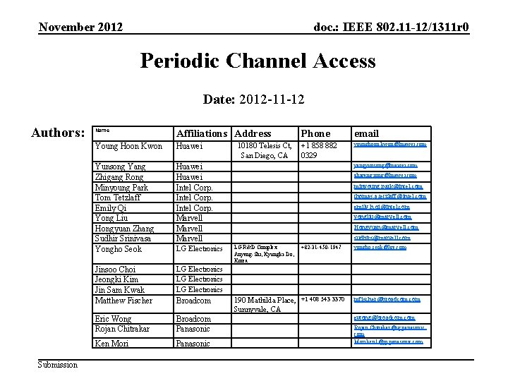 November 2012 doc. : IEEE 802. 11 -12/1311 r 0 Periodic Channel Access Date: