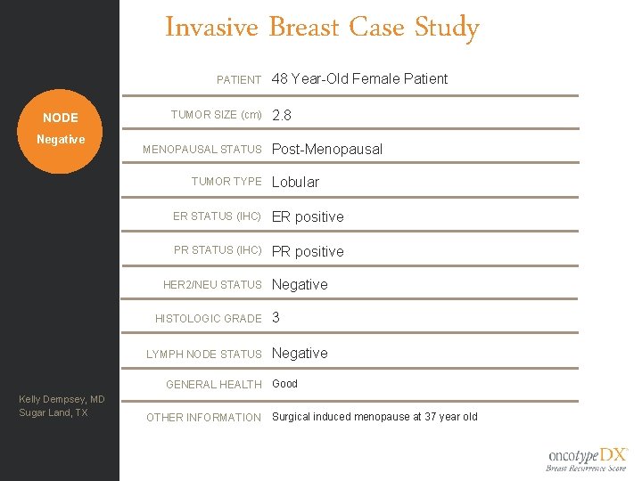 Invasive Breast Case Study PATIENT NODE Negative TUMOR SIZE (cm) MENOPAUSAL STATUS TUMOR TYPE