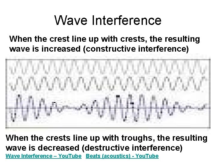 Wave Interference When the crest line up with crests, the resulting wave is increased