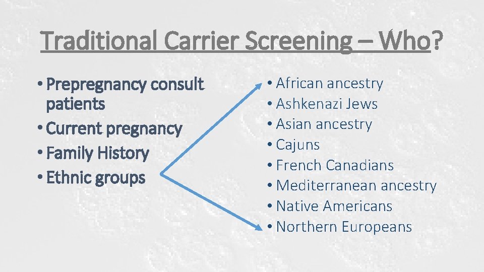 Traditional Carrier Screening – Who? • Prepregnancy consult patients • Current pregnancy • Family Traditional Carrier Screening – Who? • Prepregnancy consult patients • Current pregnancy • Family