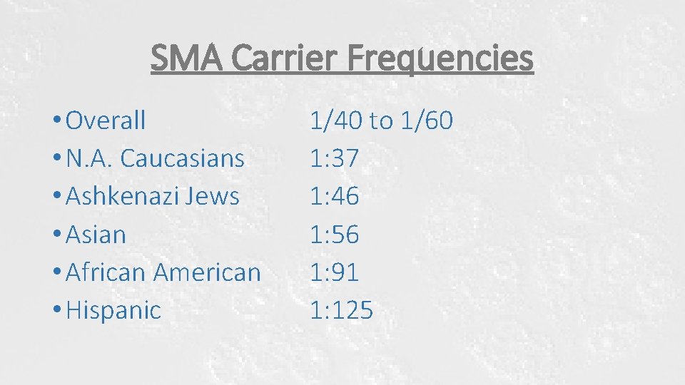 SMA Carrier Frequencies • Overall • N. A. Caucasians • Ashkenazi Jews • Asian SMA Carrier Frequencies • Overall • N. A. Caucasians • Ashkenazi Jews • Asian