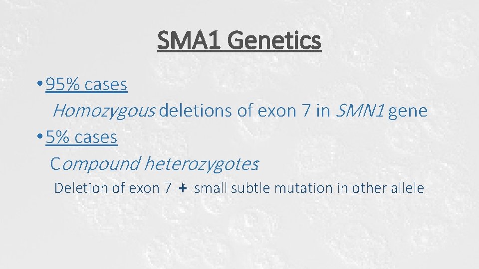 SMA 1 Genetics • 95% cases Homozygous deletions of exon 7 in SMN 1 SMA 1 Genetics • 95% cases Homozygous deletions of exon 7 in SMN 1