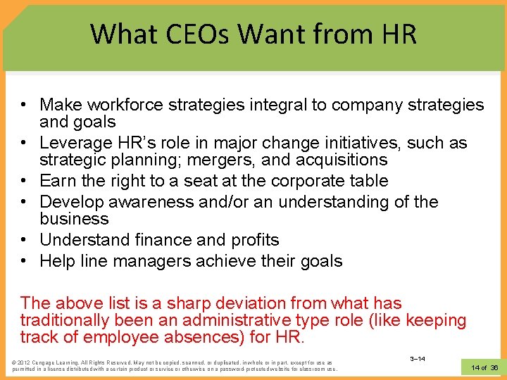 What CEOs Want from HR • Make workforce strategies integral to company strategies and