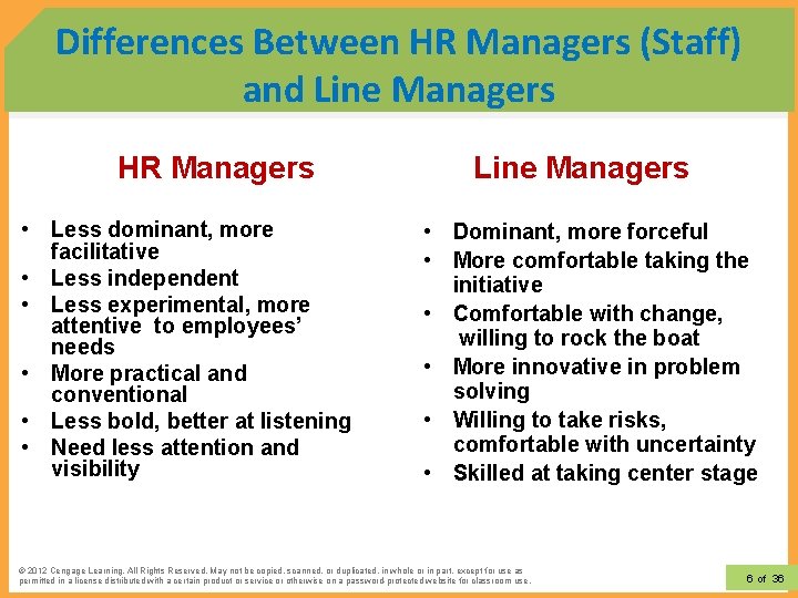 Differences Between HR Managers (Staff) and Line Managers HR Managers • Less dominant, more