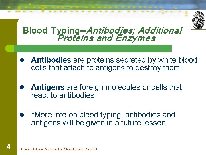 Blood Typing—Antibodies; Additional Proteins and Enzymes l Antibodies are proteins secreted by white blood
