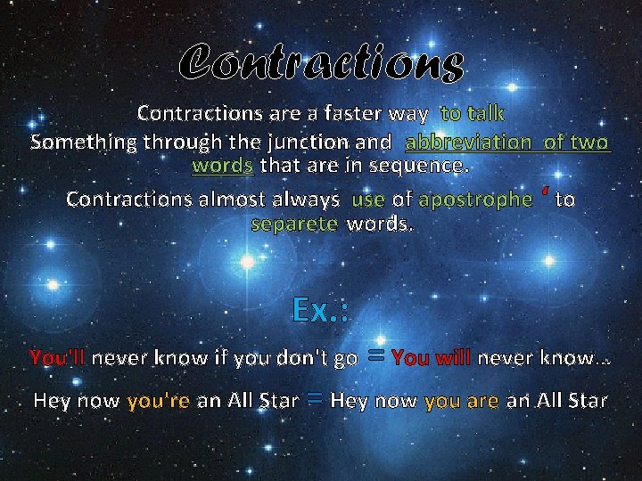 Contractions are a faster way to talk Something through the junction and abbreviation of