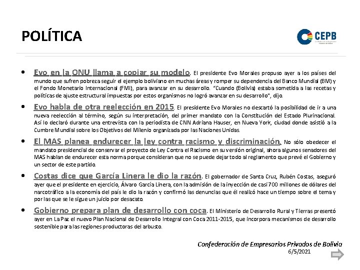 POLÍTICA • Evo en la ONU llama a copiar su modelo. El presidente Evo