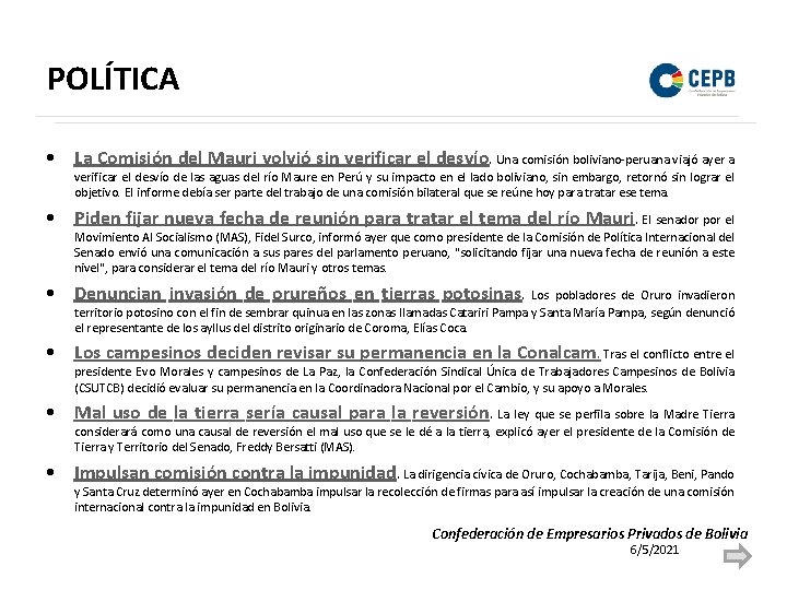 POLÍTICA • La Comisión del Mauri volvió sin verificar el desvío. Una comisión boliviano-peruana