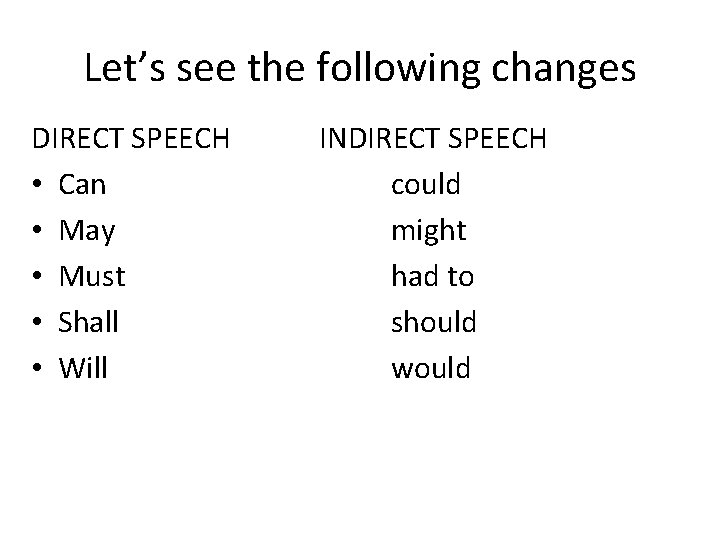 Let’s see the following changes DIRECT SPEECH • Can • May • Must •