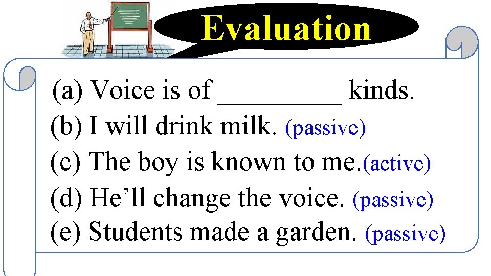 Evaluation (a) Voice is of _____ kinds. (b) I will drink milk. (passive) (c)