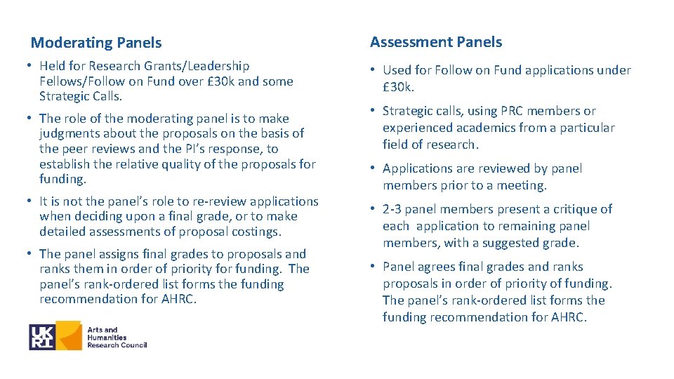 Moderating Panels Assessment Panels • Held for Research Grants/Leadership Fellows/Follow on Fund over £