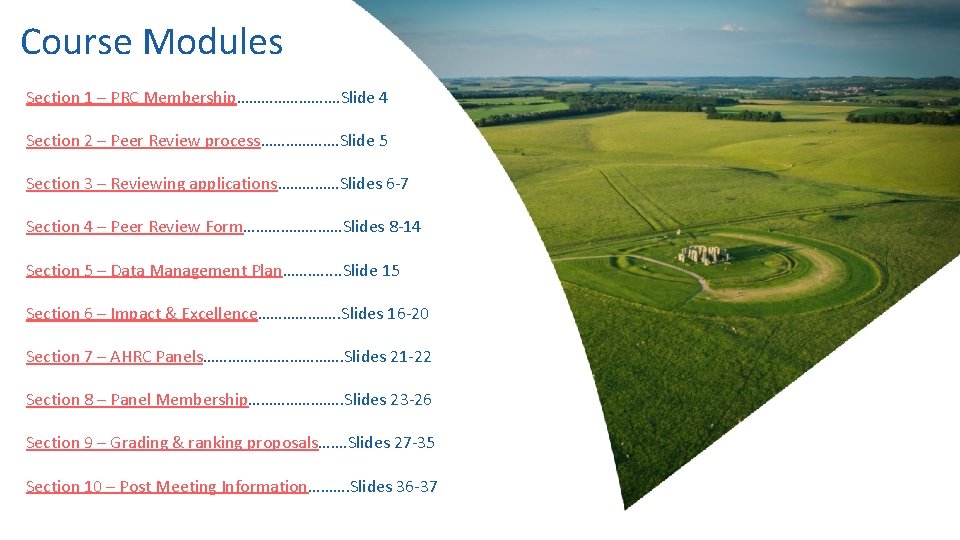 Course Modules Section 1 – PRC Membership…………. Slide 4 Section 2 – Peer Review