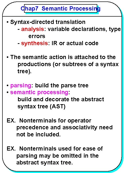 Chap 7 Semantic Processing YANG • Syntax-directed translation - analysis: variable declarations, type errors