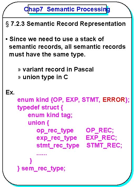 Chap 7 Semantic Processing YANG § 7. 2. 3 Semantic Record Representation • Since