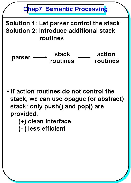 Chap 7 Semantic Processing YANG Solution 1: Let parser control the stack Solution 2: