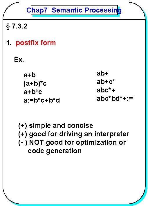 Chap 7 Semantic Processing YANG § 7. 3. 2 1. postfix form Ex. a+b