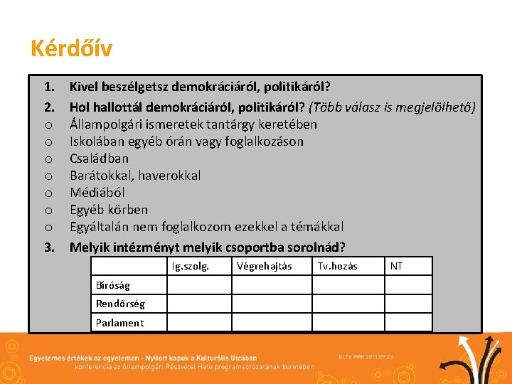 Kérdőív 1. 2. o o o o 3. Kivel beszélgetsz demokráciáról, politikáról? Hol hallottál