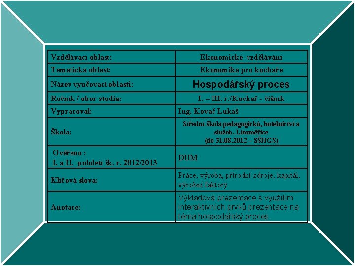 Vzdělávací oblast: Ekonomické vzdělávání Tematická oblast: Ekonomika pro kuchaře Název vyučovací oblasti: Hospodářský proces