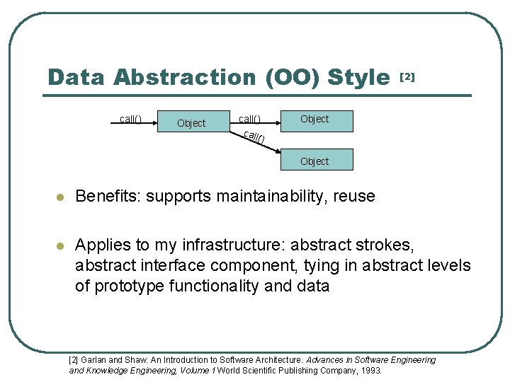 Data Abstraction (OO) Style call() Object call() call () [2] Object l Benefits: supports