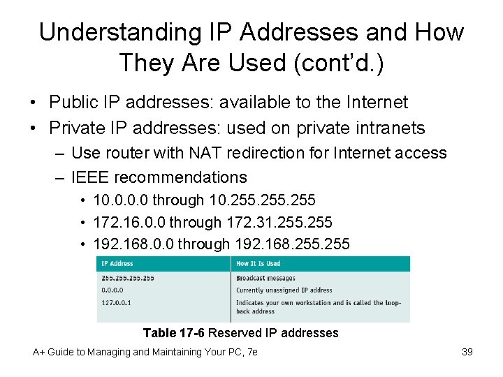 Understanding IP Addresses and How They Are Used (cont’d. ) • Public IP addresses: