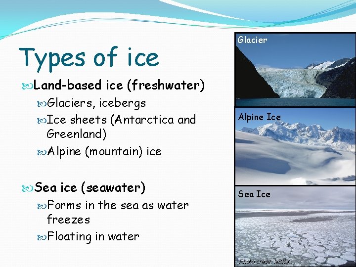 Types of ice Land-based ice (freshwater) Glaciers, icebergs Ice sheets (Antarctica and Greenland) Alpine