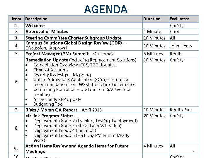 Item Description AGENDA 1. 2. Welcome Approval of Minutes 3. Steering Committee Charter Subgroup Item Description AGENDA 1. 2. Welcome Approval of Minutes 3. Steering Committee Charter Subgroup