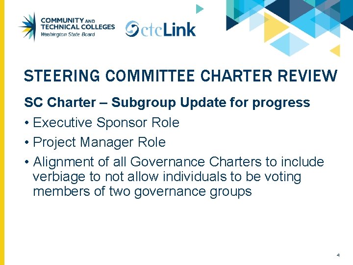 STEERING COMMITTEE CHARTER REVIEW SC Charter – Subgroup Update for progress • Executive Sponsor