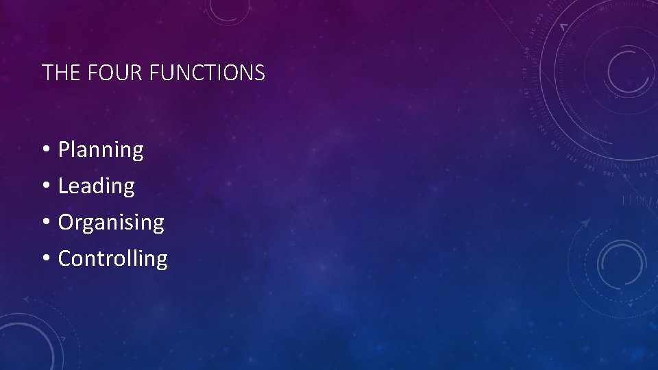 THE FOUR FUNCTIONS • Planning • Leading • Organising • Controlling THE FOUR FUNCTIONS • Planning • Leading • Organising • Controlling