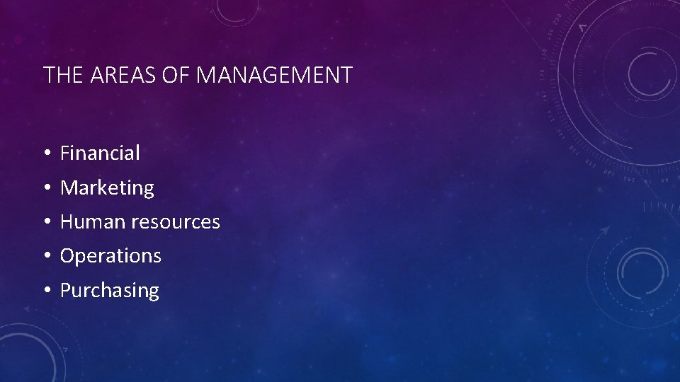 THE AREAS OF MANAGEMENT • • • Financial Marketing Human resources Operations Purchasing THE AREAS OF MANAGEMENT • • • Financial Marketing Human resources Operations Purchasing