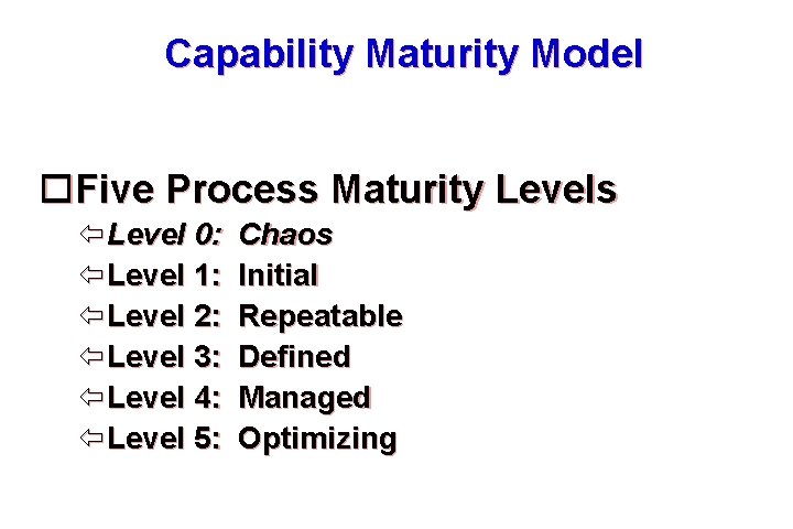 Capability Maturity Model Five Process Maturity Levels Level 0: Level 1: Level 2: Level