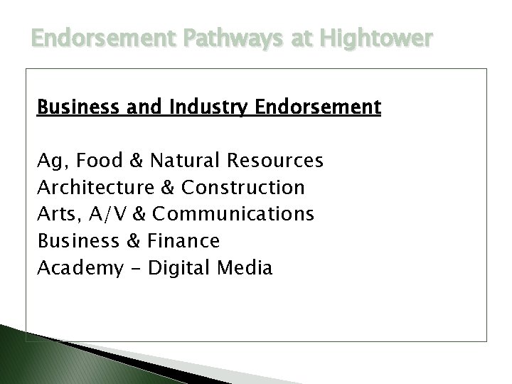 Endorsement Pathways at Hightower Business and Industry Endorsement Ag, Food & Natural Resources Architecture