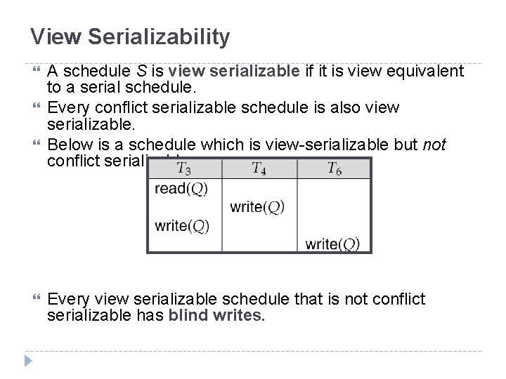 View Serializability A schedule S is view serializable if it is view equivalent to