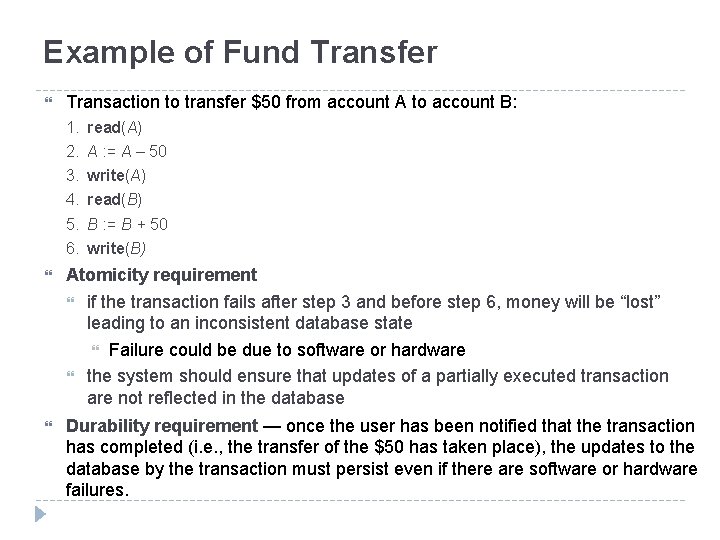 Example of Fund Transfer Transaction to transfer $50 from account A to account B: