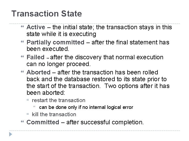 Transaction State Active – the initial state; the transaction stays in this state while