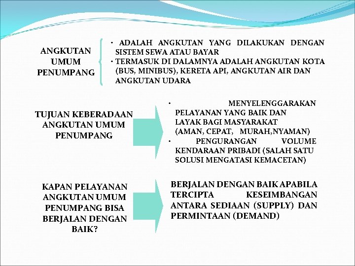 ANGKUTAN UMUM PENUMPANG • ADALAH ANGKUTAN YANG DILAKUKAN DENGAN SISTEM SEWA ATAU BAYAR •