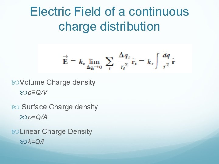 Electric Field of a continuous charge distribution Volume Charge density ρ≡Q/V Surface Charge density