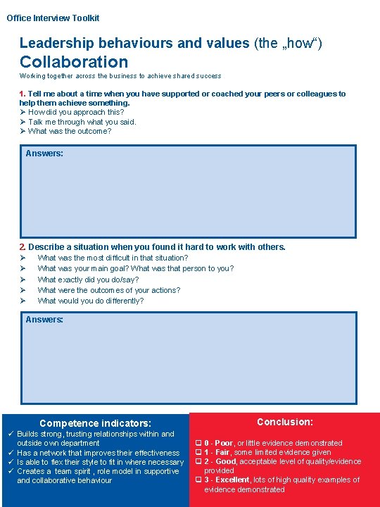 Office. Interview. Toolkit - WL 2 Office Leadership behaviours and values (the „how“) Collaboration