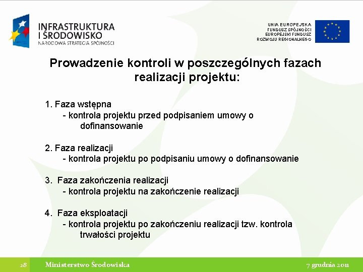 UNIA EUROPEJSKA FUNDUSZ SPÓJNOŚCI EUROPEJSKI FUNDUSZ ROZWOJU REGIONALNEGO Prowadzenie kontroli w poszczególnych fazach realizacji