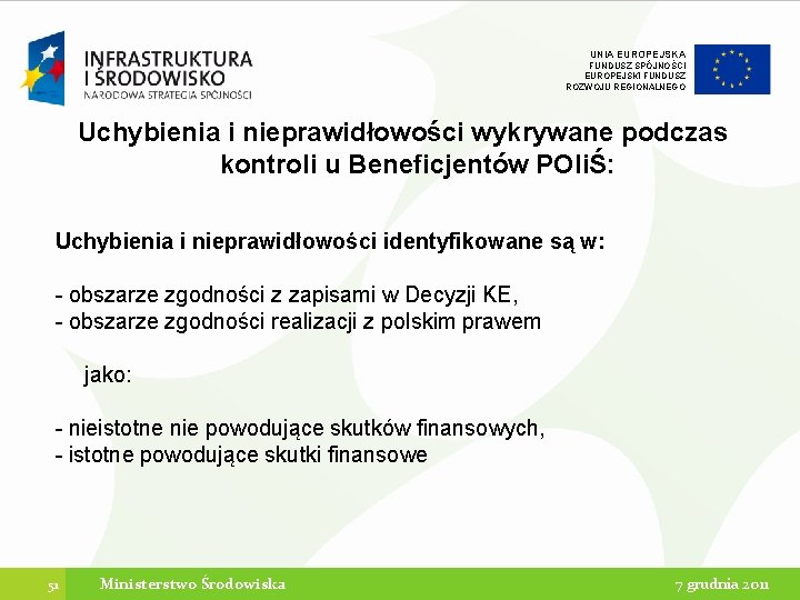 UNIA EUROPEJSKA FUNDUSZ SPÓJNOŚCI EUROPEJSKI FUNDUSZ ROZWOJU REGIONALNEGO Uchybienia i nieprawidłowości wykrywane podczas kontroli