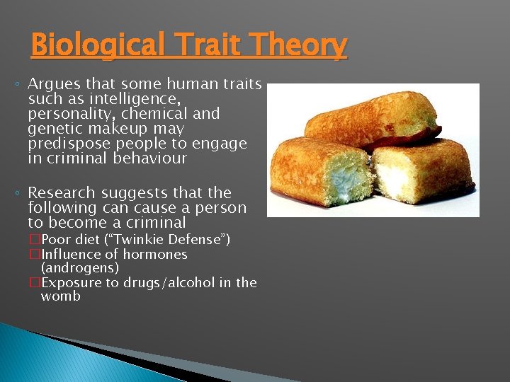 Biological Trait Theory ◦ Argues that some human traits such as intelligence, personality, chemical