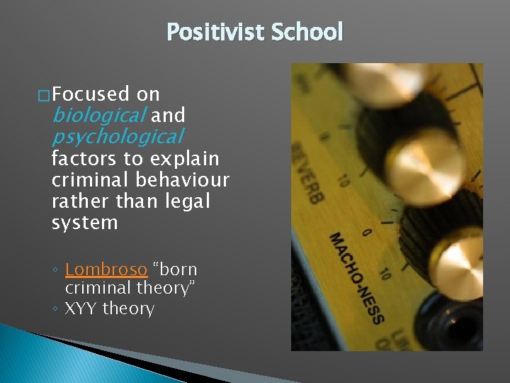 Positivist School � Focused on biological and psychological factors to explain criminal behaviour rather