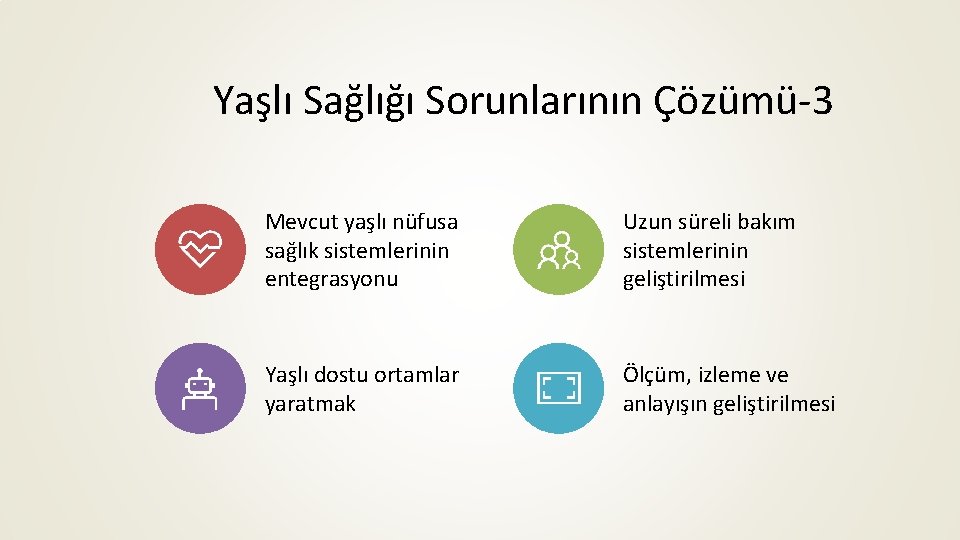 Yaşlı Sağlığı Sorunlarının Çözümü-3 Mevcut yaşlı nüfusa sağlık sistemlerinin entegrasyonu Uzun süreli bakım sistemlerinin