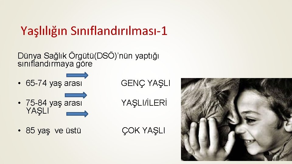 Yaşlılığın Sınıflandırılması-1 Dünya Sağlık Örgütü(DSÖ)’nün yaptığı sınıflandırmaya göre • 65 -74 yaş arası GENÇ