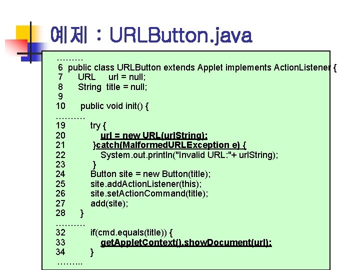 예제 : URLButton. java ……… 6 public class URLButton extends Applet implements Action. Listener