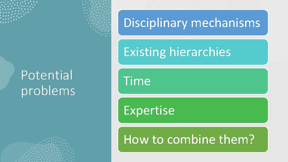 Disciplinary mechanisms Existing hierarchies Potential problems Time Expertise How to combine them? 