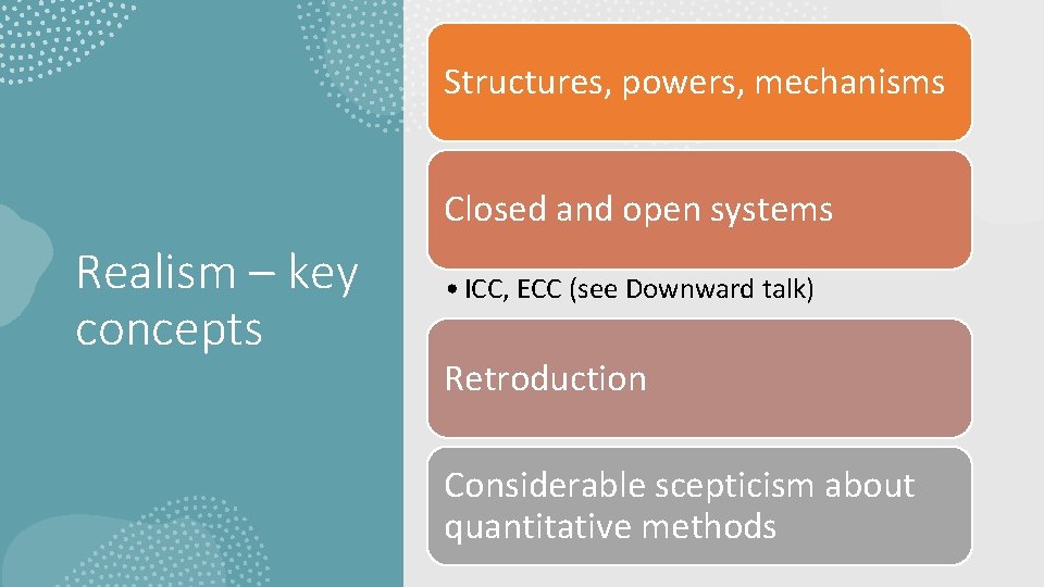 Structures, powers, mechanisms Closed and open systems Realism – key concepts • ICC, ECC